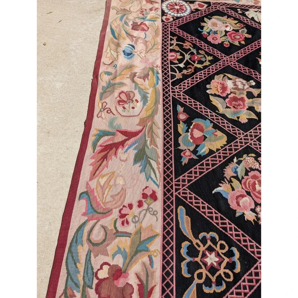 Antique  Aubusson Style Needlepoint Floral  Rug Carpet 13.6 X 9.9 Feet. Estate